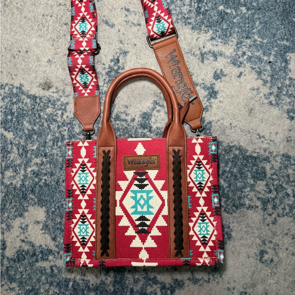 Wrangler Red Aztec Crossbody Tote with Brown Leather Trim